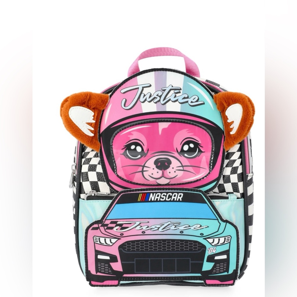 NWT Justice xNASCAR Girls Mini Racer Backpack Checkerboard Pink Multi Plush Ears